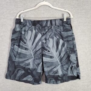 Speedo Men Swimwear Medium Gray Trunks Leaf Print Zip Pockets Hawaiian 7" Inseam